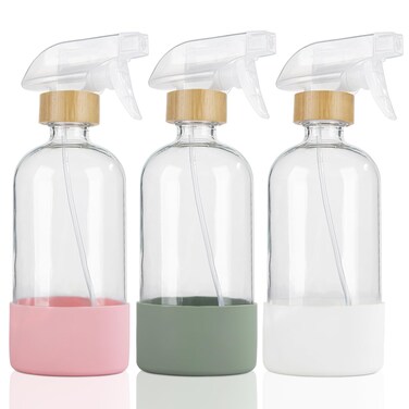 HOMBYS Empty Bamboo Glass Spray Bottles with Silicone Sleeve Protection - Refillable 17 oz Clear Glass Containers for Cleaning Solutions, Essential Oils, Misting Plants - Quality Sprayer - 3 Pack