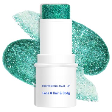 Green Body &amp; Face Glitter Makeup Stick, Multiuse Waterproof Glitter Gel for Face Body Hair Eye Lip, Holographic Sequins Paint Stick, Mermaid Accessories Makeup