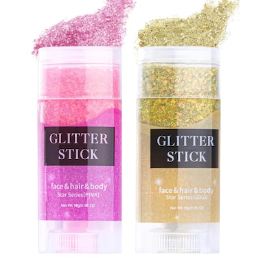 Body Glitter Stick, Singer Gold Concerts Glitter Gel, Pink Holographic Mermaid Sequins Chunky Glitter, Music Festival Rave Glitter Makeup for Body, Face, Hair and Lip, 0.56oz (Gold&amp;Pink)