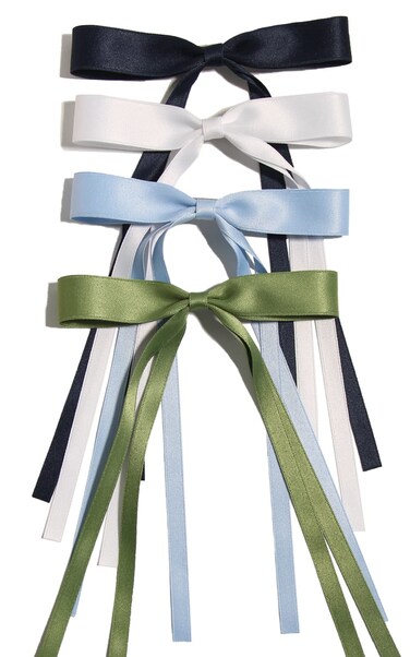 Hair Clips with Tassel Ribbon Bowknot and Long Tail for Women - Solid Barrettes in Navy, White, Light Blue and Green