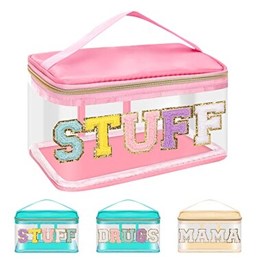 Iqimott Preppy Clear Makeup Cosmetic Bag for Women Travel, Nylon PVC Chenille Glitter Letter Toiletry Storage Tote Bag, Transparent Waterproof Organizer Zipper Pouch with Handle(Stuff, Pink)