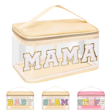 Iqimott Preppy Clear Makeup Cosmetic Bag for Women Travel, Nylon PVC Chenille Glitter Letter Toiletry Storage Tote Bag, Transparent Waterproof Organizer Zipper Pouch with Handle(Mama, Beige)