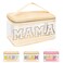 Iqimott Preppy Clear Makeup Cosmetic Bag for Women Travel, Nylon PVC Chenille Glitter Letter Toiletry Storage Tote Bag, Transparent Waterproof Organizer Zipper Pouch with Handle(Mama, Beige)