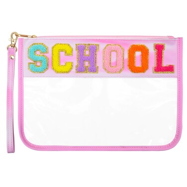 OlyPegic Chenille Letter Bag Clear Makeup Bag, Snack Bag for Travel Patch Cute Stuff Bag Preppy Clear Cosmetic Toiletry Beach Bag Zipper Pouch Waterproof for Women Girls