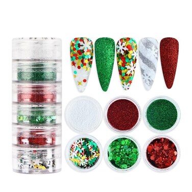 Christmas Nail Art Glitters Powder Red Green Nail Sequins Snowflake Xmas Design Holographic Sugar Glitter for Christmas Nail Decoration Winter Nail Flakes Confetti Glitter for DIY Craft Supplies Set