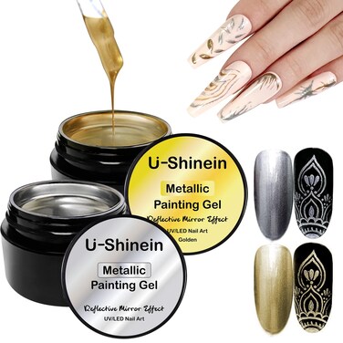 2x8ml Metallic Painting Gel, Silver and Golden Painted Gel Nail Polish, 3D Metal Painting Gel Drawing Mirror Nail Gel Polish Glossy French Acrylic Nail Painting Soak Off UV/LED DIY Nail Art