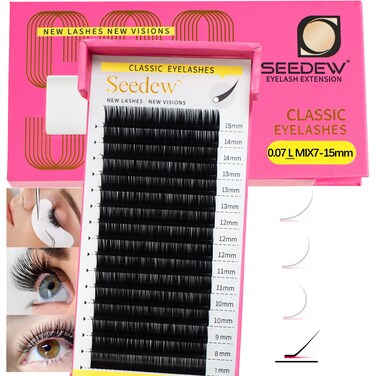 L Curl Lash Extensions, Classic Individual MIX7-15mm L Curl 0.07mm 16 Rows/Tray, Single Natural Soft Lightweight Eyelashes Grafting for Lash Artists, Beauty Salon (Matte Black-0.07-L-MIX7-15mm)