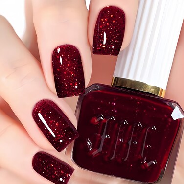 Dark Red Glitter Nail Polish, Wine Red Nail Polish Fast Dry, Red Chunky Glitter Nail Polish, High Reflective Glitter Deep Red Nail Polish for Women &amp; Girls DIY at Home, 12 ML