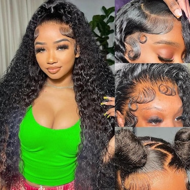 13x6 Full Lace Front Wigs Human Hair 200 Density Deep Wave Curly HD Transparent Lace Frontal Wigs Human Hair for Women Glueless Wigs Human Hair Pre Plucked with Baby Hair 22 Inch