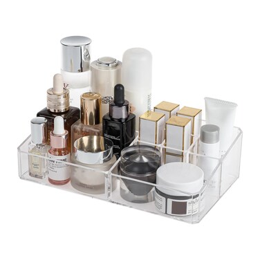 Yesesion Plastic Makeup Storage Organizer, Clear Cosmetics Display Case for Bathroom Counter, Dresser, Small Vanity Holder for Beauty Supplies, Makeup Brushes, Perfume, Lipsticks (8 Compartment)