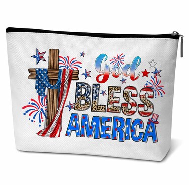 God Bless American Flag Makeup Cosmetic Bag with Zipper for Women, 4th of July Gifts Travel Makeup Organizer Pouch for Friends (B10)