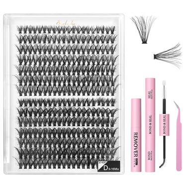 Lash Extension Kit DIY 280 Clusters Fluffy Lash Clusters Eyelash Extension Kit, 9-16mm 30D 40D False Eyelash Individual Lashes Kit with Lash Bond and Seal, Lash Tweezers for Self Use at Home