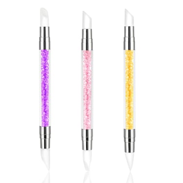 3 Pcs Nail Art Sculpture Pen, Dual Tipped Silicone Nail Tools, Silicone Head Acrylic Handle Nail Art Brushes, Rhinestone Nail Polish Carving Pen, Nail Art Tools for Home Salon(Yellow, Pink, Purple)