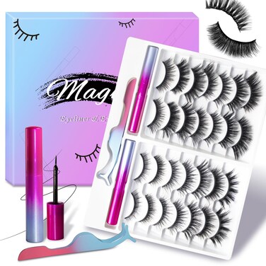 14 Pairs Magnetic Eyelashes and Eyeliner Kit, Long-lasting False Eyelashes with Magnetic Eyeliner &amp; Tweezers, Reusable Magnetic lashes Natural Look, No Glue Needed