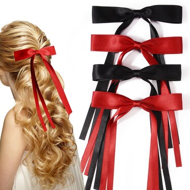 4 PCS Tassel Ribbon Bowknot Hair Clips With Long Tail for Women Girl Teens Kids, Solid Holder Fashion Bow Bowknot Hair Accessories Headwear Barrettes Claw(Black&amp;Red)