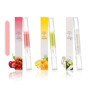 Meschett 3PCS Nail Cuticle Oil Pens with Nail File, Cuticle Oil for Nails from Natural, Nail Oil Cuticle for Cracked and Dry Nail(Lemon &amp; Lily &amp; Cherry Flavor)