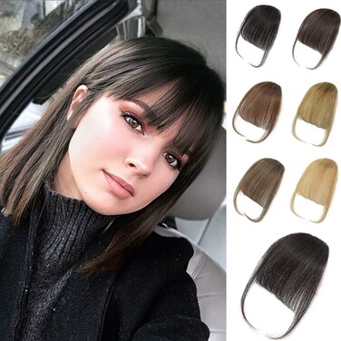 100% Human Hair Clip in Bangs,Women Air Thinning Curtain Flat Brown Black Bangs, Natural Curved Wispy Bangs,Faux fake Bangs