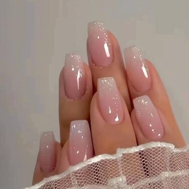 Curvlife Bling Coffin Press on Nails Short Square Acrylic Fake Nails with Apricot Design Full Cover False Nails Glossy Gradient Artificial Stick on Nails for Women 24Pcs (Gradient Nude White)
