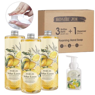Foaming Hand Soap Refills, Natural Lemon Scent, 3-Pack (33.8 FL OZ), with Reusable Foam Soap Dispenser, Gentle &amp; Moisturizing, Cruelty-Free, Large Bulk Bottles for Kitchen &amp; Bathroom