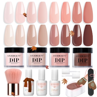 AZUREBEAUTY Dip Powder Nail Kit Starter, All Season Skin Tone Nude Brown 4 Colors Acrylic Dip Powder Liquid Set with Base/Top Coat Activator for French Nail Art Manicure DIY Salon Gifts