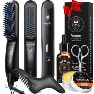 Innovation Blue Beard Straightener Kit w, Beard Balm, Beard Growth Oil, Beard Styling Comb &amp; Scissors, Upgraded 5-in-1 Beard Set, Unique Stocking Stuffer Gifts for Friend, Father &amp; Him