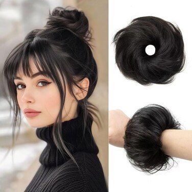 1PCS Messy Bun Hair Piece Human Hair Natural Curly 100% Real Human Hair Chignons Scrunchies Hair Fluffy Hair Buns for Women Bun Donut Updo Hair Pieces Bun Extension (#1 Jet Black)
