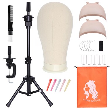 PWEOUKE 22 Inch Canvas Wig Head with Stand for Wigs ,Height Adjustable Wig Stand Tripod with Canvas Block Wig Head,Manikin Head Block Set for Cosmetology with Wig Stand and Storage Bag 22 Inch