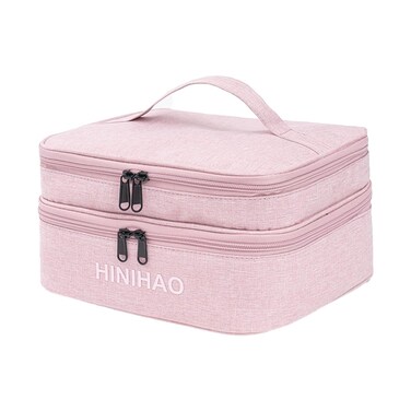 Makeup Bag, Portable Cosmetic Bag, Travel Makeup Organizer With Handle and Divider, Double Layer Large Organizer Bag, Adjustable Dividers and Brush Organize area- Pink (makeup bag-small)