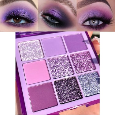 Purple Pink Lavender Glitter Shimmer Eye Shadow Makeup Palette ,9 Colors Highly Pigmented Waterproof Violet Mauve Dark Purple Silver Pearl White Glitter Shimmer Sparkling Party Eyeshadow (9-purple)