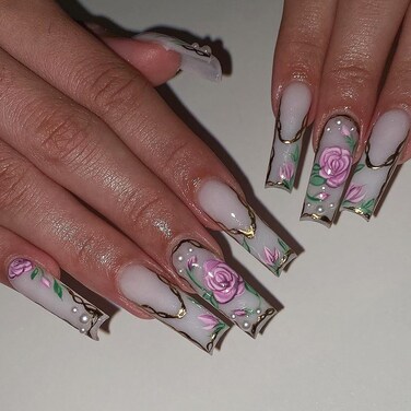 Vezocim Press on Nails Long Coffin 24Pcs Glossy Full Cover Acrylic Square White False Nails with Pink Flower Designs Ballerina Extra Long Artificial Fake Nails Glue Stick on Fingernails for Women
