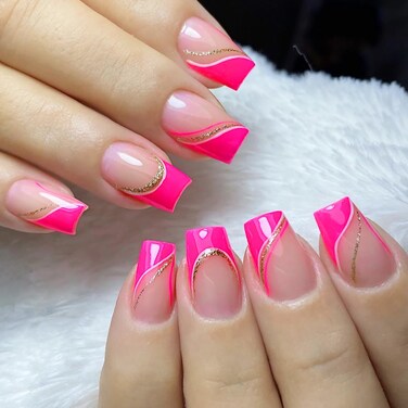 Vezocim Pink French Tips Press on Nails Square Shapes 24Pcs Glossy Full Cover Medium Acrylic Square False Nails with Gold Line Designs Artificial Coffin Fake Nails Glue Stick ons Fingernails for Women