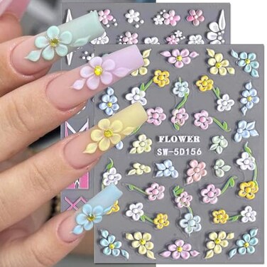 5D Embossed Flower Nail Stickers for Nail Art Supplies 5D Acrylic Carved Flower Nail Decals Cute Petals Nail Art Stickers Floral Nail Sticker Nails Stickers Colorful Flower Stickers for Nails Design