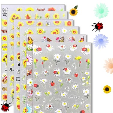 6 Sheets Daisy Nail Stickers - Butterfly &amp; Flower Designs, 3D Yellow &amp; White Flowers, Self-Adhesive Spring &amp; Summer Nail Art Stickers