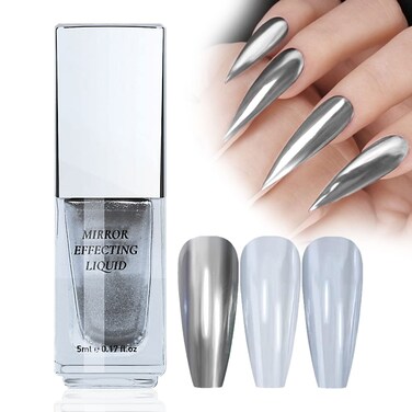 Mermaid Chrome Nail Polish, Silver Iridescent Pearl Glitter Liquid, Magic Glossy Mirror Effect Nail Polish, 3D Metal Nail Powder Liquid, Pastel Aurora Chrome Nail Art Manicure