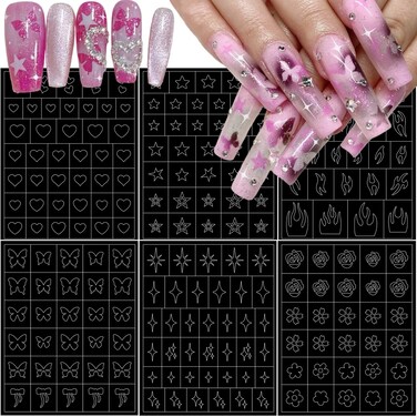 6pcs Airbrush Stencils Nail Stickers for Nail Art French Design Hollow Nail Decals Flame Heart Star Flowers Butterfly Nail Art Stickers Auxiliary Nail Guides Stencils Sticker for Nail Supplies Tools