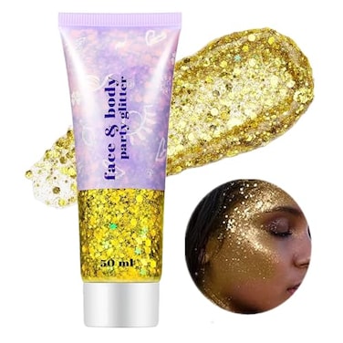 Go Ho Gold Face Body Glitter,Mardi Gras Glitter Makeup Gold Face Paint,Holographic Chunky Sequins Glitters for Eye Lip Hair Nails,Festival Rave Accessories,52g