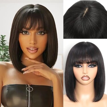 Short Bob Wig with Bangs Human Hair Glueless 180% Density Middle Part Upgraded 2x1 Realistic Scalp Lace Wigs Natural Black Bob Wig Human Hair With Bangs for Women 12 Inch