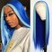QD-Tizer Skunk Stripe Blue Color Long Straight Hair 13x3 Synthetic Lace Front Wigs for Fashion Women Light Blue Hair Highlights Wig Heat Resistant Fiber Hair Natural Hairline 24 inch