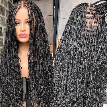 Boho Box Braids Human Hair Wig Hd Transparent Full Lace Braided Wig Human Hair Pre Plucked Glueless Goddess Knotless Braided Wigs With Curly Ends For Black Women Natural Color 18 inch