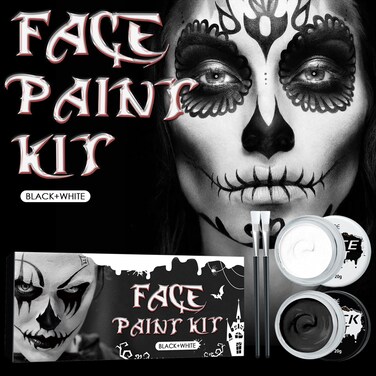 White Face Paint, Black Face Paint Halloween Cosplay SFX Makeup Kit, Non Toxic Body Paint, Face Painting Kits with 2 Professional Paint Brushes for Adult Kids, Face Body Painting Art Costume Theater