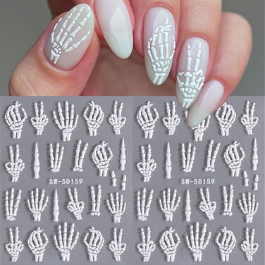 2Pcs Halloween Nail Art Stickers Skull Nail Decals 5D Embossed with Fantasy Bone Skeleton Design Nail Stickers White Hand Finger Bones Nail Art Supplies Adhesive Nail Stickers for Nail Art for Women