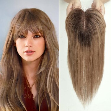 EMMOR Hair Toppers for Women, Hair Loss Cover, Hair Topper for Women with Thinning, 150% Density Human Hair with Bangs, Silk Base Three Clips in Topper 4#-14 inch Ombre Ash Blonde