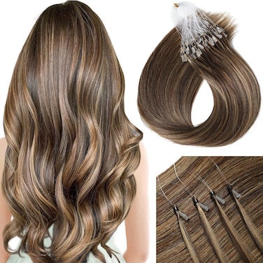Sisily Micro link Human Hair Extensions, Ombre Chocolate Brown to Caramel Blonde Balayage Micro Loop Ring Hair Extensions, Soft Micro bead Hair Extensions Cold Fusion Stick Tipped Straight
