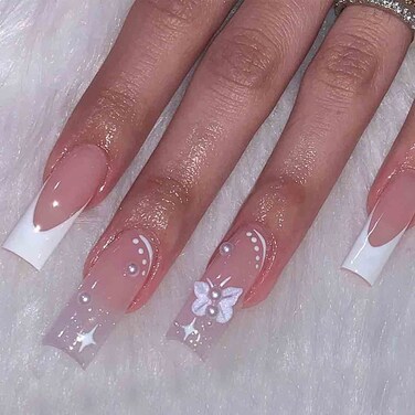 French Tip Press on Nails Long Acrylic Nails Square White Fake Nails Glossy Nails for Women