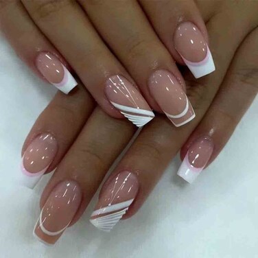 French Tip Press on Nails Medium Length, Square White Fake Nails, Glossy Nails for Women 24Pcs