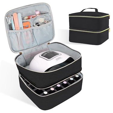 Nail Polish Organizer Storage Case for Nail Tech,Double Nail Polish Storage Bags and Nail Dryer Case Holds 30 Bottles, Nail Polish Holder Carrying Case with Dividers (Black)