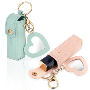 Ouligay 2 Pieces Leather Chapstick Holder Key Chain Portable Keychain Chapstick Holder Lip Balm Keychain Holder for Women Party,Holiday Gifts (Green, Pink)