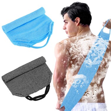 2pcs Exfoliating Back Scrubber Nylon Shower Bath Exfoliator Extended Length Body Scrub Towel Stretchable Pull Korean Washcloth Strap with Handles(Blue + Gray)