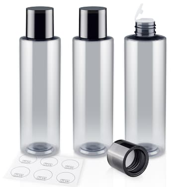 ZEJIA 200ML/6.8OZ Travel Size Toiletries, 3 Pack Plastic Travel Bottles, Double Leak Proof Travel Size Containers for Shampoo, Lotion, Body Wash, Refillable Empty Travel Bottles with 6pcs Labels