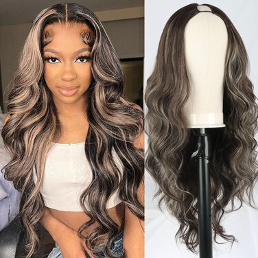 Aisaide Blonde Highlighted V Part Wig Body Wave For Black Women Glueless Full Head Clip In Half Wig 24 Inch Brown Wig V Shape Wigs No Leave Out Upgrade U Part Wig Ombre Highlight Wig for Women